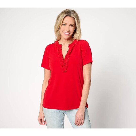 Susan Graver Liquid Knit Ruffled V-Neck Short-Sleeve Top Red Small A647429 - Picture 1 of 1